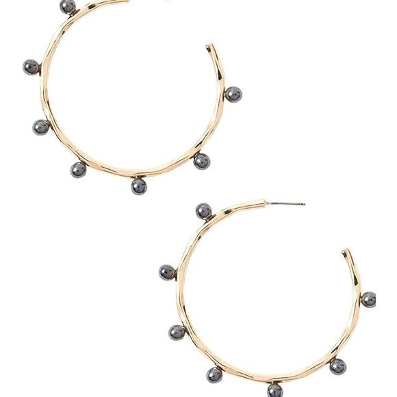 Lilly Pulitzer Large Gold Tone Bamboo like Gemma Onyx Pearl Hoop Earring New - Picture 2 of 9